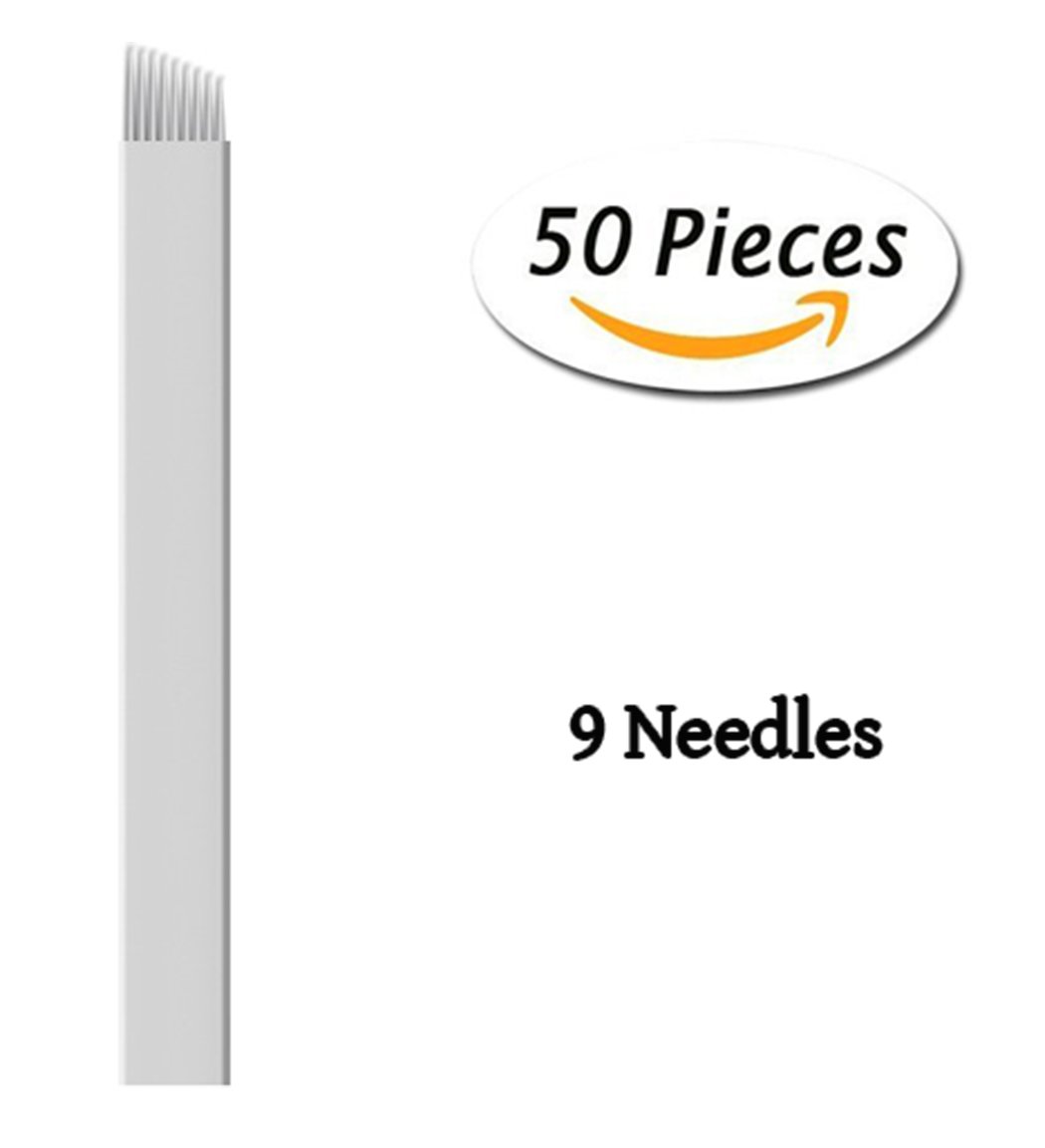Xiaoyu 50PCS Microblading Needles, Permanent Makeup Manual Tattoo Eyebrow Blade Bevel for Eyebrow Tattoo Pens, White, 9 Pin