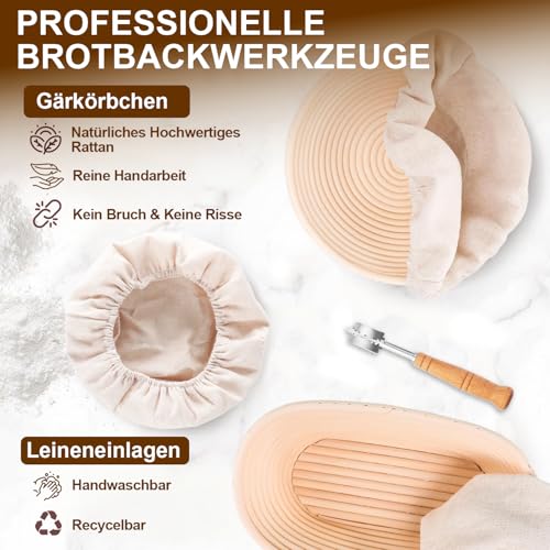 RIZENCE Complete Proofing Basket Sourdough Starter Set, 2 Proofing Baskets (25 cm Ovals & 23 cm Round), 900 ml Sourdough Glass Set, Bread Baking Accessories Kit, Bread Baking Accessories for Beginners, Experienced Bakers