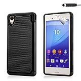 32nd® Shock proof dual defender case cover for Sony Xperia M4 Aqua + screen protector, cleaning cloth and touch stylus - Black