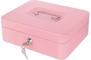 GOEHIAUL Pink Cash Box with Money Tray and Lock, Metal Money Box for Cash, Lock Box for Money 9.84x7.87x3.54 Inches