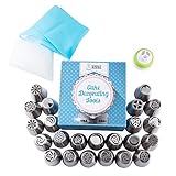 Russian Piping Tips 28 Pcs/Set-Stainless Steel Icing Nozzles Decoration Tools Create Flowers for Cakes, Pies, Cookies and Pastries (23 Tips, 1 Coupler, 1 silicone pastry bag, 3 disposable pastry bags)