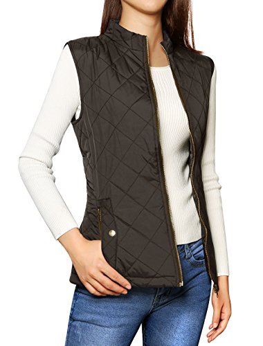Allegra K Woman Zip Up Stand Collar Slant Pockets Quilted Padded Vest XS Brown