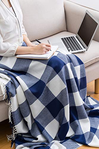 BUFFALO PLAID THROW BLANKET FOR COUCH – FARMHOUSE THROW WITH CHECK PATTERN – SOFT WOVEN WITH DECORATIVE FRINGE – LIGHTWEIGHT FOR BED, SOFA, CHAIR, OFFICE, OUTDOOR – 50 X 60 IN. (NAVY BLUE)