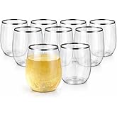 Oojami 48 piece Stemless Unbreakable Crystal Clear Small Plastic Wine Glasses Set of 48 Small Size (10 Ounce - Silver Rim)
