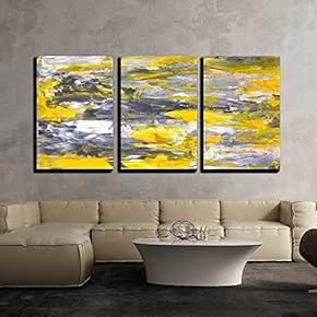 3 Piece Canvas Wall Art - Grey and Yellow Abstract Art Painting - Modern Home Art Stretched and Framed Ready to Hang - 16"x24"x3 Panels