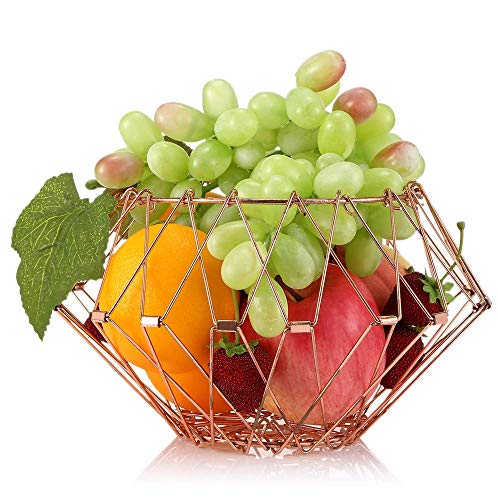 Powstro Foldable Fruit Basket, Flexible Wire Basket Decorative Fruit Bowl with Unique Design and Anti Rust Stainless Steel, Modern Fruit Stand Storage Kitchen for Orange Banana Apple Grapes