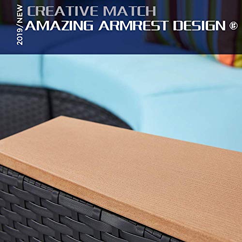 Incbruce Outdoor Sectional Sofa 5-Piece Half-Moon Patio Furniture Set | All-Weather Garden Sofa W/Round Tempered Glass Top Table, Sky Blue Cushions and Colorful Pillows - Thumbnail 5
