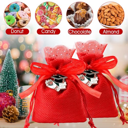 30 Pieces Fabric Gift Bags with 30 Pieces Graduation Hat Pendant Jute Bags Drawstring for Graduation Party Red