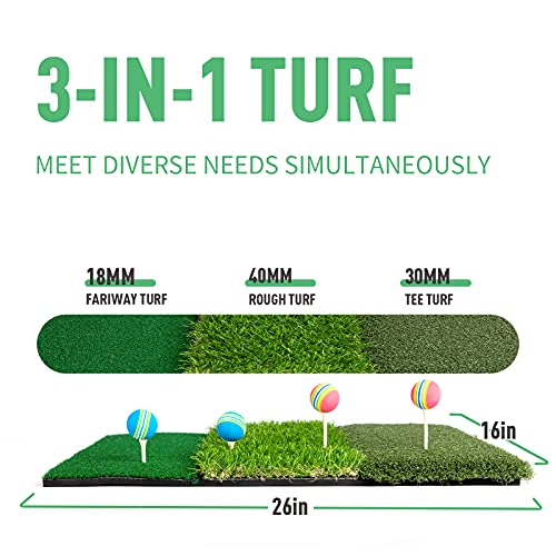 LYKO Tri-Turf Golf Practice 3-in-1 Hitting Mat for Backyard, 25x16 inches Turf Mat for Indoor Outdoor, Training Driving Foldable Grass Golf Chipping Matt, Green
