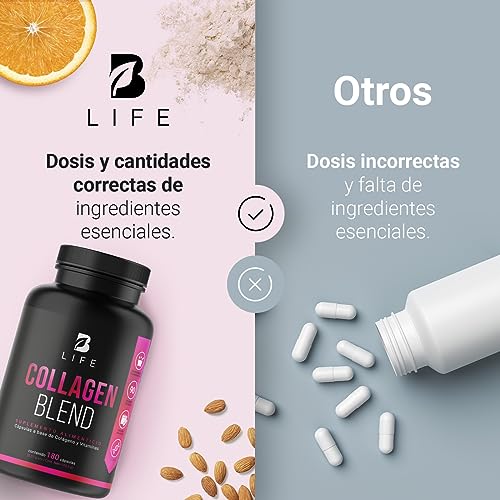 Péptidos de Colágeno Hidrolizado 200 Cápsulas | Potenciado con Biotina y Vitamina C para Piel, Cabello y Uñas | Collagen Blend B Life.