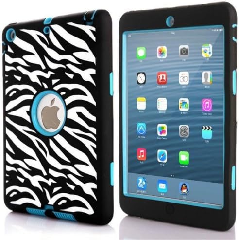KINGCO For iPad Mini 2 with Retina Display (7.9 inch Tablet) &amp; iPad Mini (7.9 inch Tablet) Sky Blue Triple Layer Deluxe Zebra Printed Hard Soft Hybrid High Impact Armor Protective Case Cover