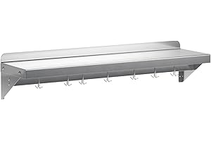 KIETLER 12" x 60" NSF Certified Stainless Steel Wall Mount Shelf - Multifunctional Metal Storage Rack with Backsplash and 7 Hooks