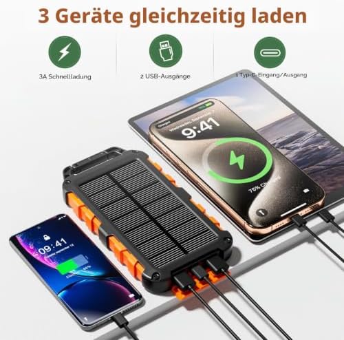Solar Powerbank 26800mAh, PD22.5W Tragbare Solar Ladegerät USB C Externer Akku Outdoor Wasserdichtes mit LED-Licht und 3 Ausgängen für Smartphones Tablets Camping
