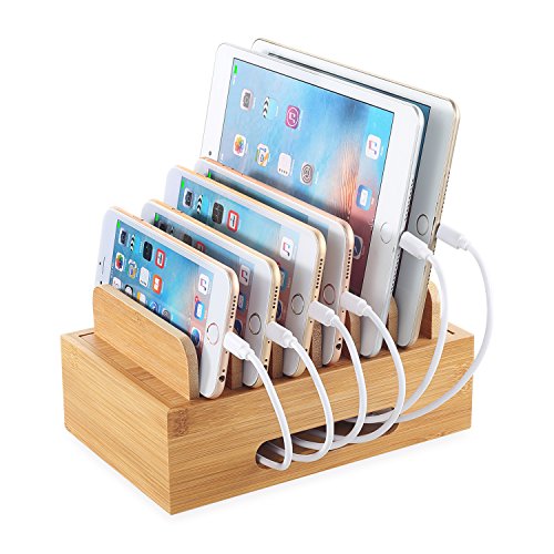 NEXGADGET Eco-Friendly Bamboo Multi-Device Charging Station Stand Desktop Organizer Compatible with 4/5/6-Port USB Charger for Smartphones and Tablets