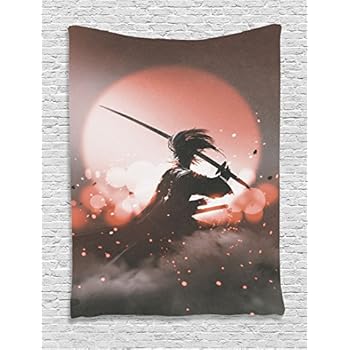 Ambesonne Japanese Tapestry, Reflection of Samurai Practicing Hazy Sunset Background Free from Death Concept, Wall Hanging for Bedroom Living Room Dorm Decor, 40