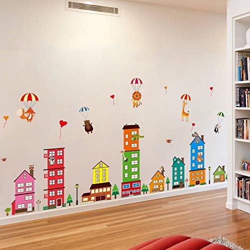 Cwart Wall Sticker [Heatboywade]Cartoon Animals Small Town Wall Stickers for Kids Room Bedroom Living Room Art Wall Decals Home Decor(120 * 210Cm)