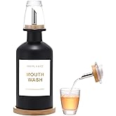 BONLONG 11.8OZ Glass Mouthwash Dispenser for Bathroom with Stainless Steel & Bamboo Nozzle, Mouthwash Cup Reusable, Bamboo Tray, and Elegant Gold Sticker.(Black)