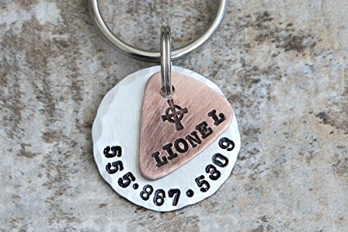 Tiny guitar pick on disc can be a pet tag, a gym bag, golf bag, backpack ID tag or a key chain. You choose stamp