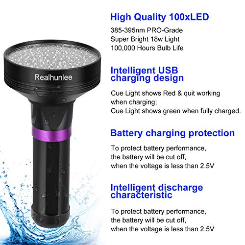 UV Black Light Flashlight Rechargeable 26650 Powerful 100 LED Pet Dog