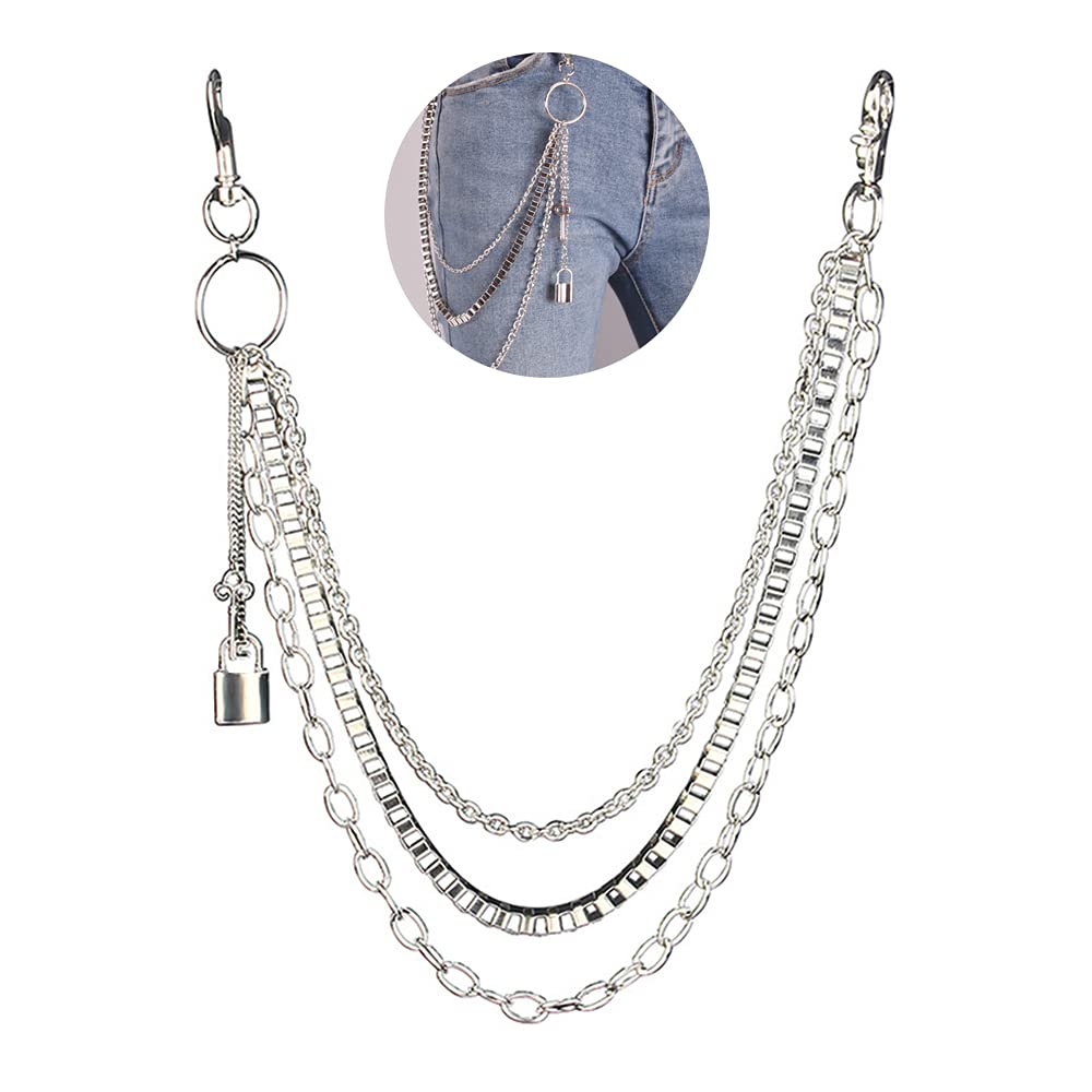 Xihuimay Pants Jeans Gothic Punk Rock Chains Pocket Belt Chains Multi-layer Wallet Chain Trousers Chain Skirt Waist Chain Lock Keychain for Keys Belt Loop Purse Handbag for Women Men, Silver