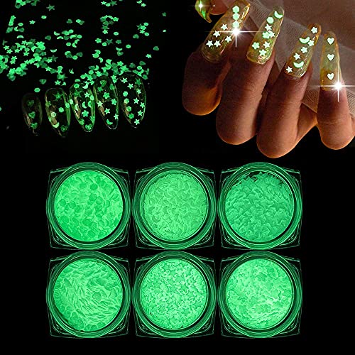 BISHENGYF 6 Boxes Luminous Nail Art Sequins, 3D Holography DIY Mixed Glitter Sequin Grow in The Dark with Star Heart, Flower, Hexagon, Moon Shapes for Nail Art Manicure Decoration