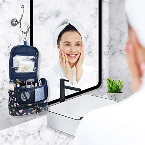 Hanging Toiletry Bag for Men Women, Japoece Portable Waterproof Travel Toiletry Cosmetic Bathroom Shower Bags with Metal Hook Double Layer Large Capacity Durable(Navy Blue-Flamingo) 7 Hanging Toiletry Bag for Men Women, Japoece Portable Waterproof Travel Toiletry Cosmetic Bathroom Shower Bags with Metal Hook Double Layer Large Capacity Durable(Navy Blue-Flamingo)