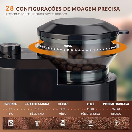 Moedor de Café Elétrico Burr 220V, Com 28 Configurações Ajustáveis, Triturador de Cafe, 2 A 12 Xícaras, Preto