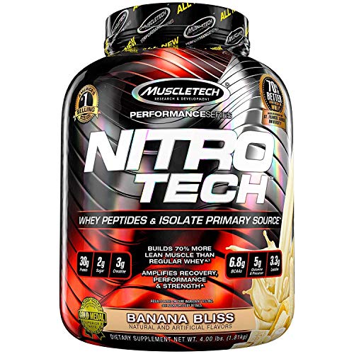 MuscleTech NitroTech Protein Powder Plus Muscle Builder, 100% Whey Protein with Whey Isolate, Banana Bliss, 40 Servings (4lbs)