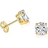 Solid 14k Yellow Gold Solitaire Round Cubic Zirconia CZ Stud Earrings with 14k Gold Butterfly Push Backings