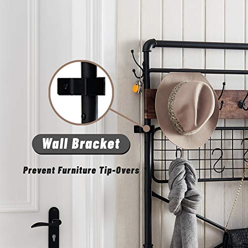 Industrial Hall Tree Shoe Bench, 5 in 1 Entryway Coat Rack
