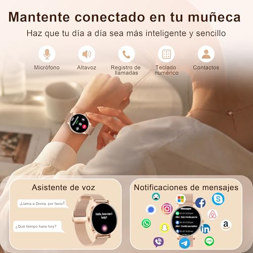 Fitdafit Reloj Inteligente Mujer, 1.27" HD Smartwatch Mujer con Llamadas Bluetooth, IP68 Impermeable Smart Watch con Monitor Sueño, Podómetro, Pulsómetro, 110+ Deportes Relojs Salud para Android iOS