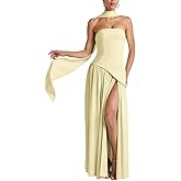 ABINGOO Women Strapless Patchwork Maxi Dress Sexy High Slit Tube Top Party Club with Scarf Long Prom Wedding Guest Dresses