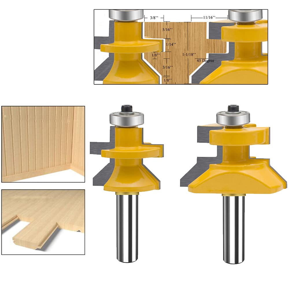 MAYLNE 2 PCS Tongue and Groove Flooring Router Bit Set 1/2-Inch Shank, V-Notch Wainscotting and Flooring Matched Router Bits Set with Edge Banding, Woodworking Milling Cutter Tools (1/2, YXD-4K02)