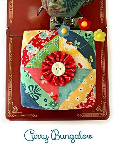 Pincushion Handcrafted Scrappy Strips Patchwork Pin Cushion Including Three Decorative Flower Pins Filled with Crushed Walnut Shells