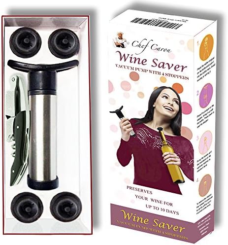 Wine Gift Bundle - Wine Saver Kit &amp; Wine Key by Chef Caron - The Wine Saver/Preserver Kit Wine Vacuum Pump with Four Silicone Rubber Stoppers &amp; The Waiters Wine Key Corkscrew with Foil Cutter…