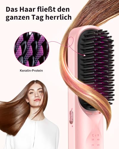 Bopcal Glättbürste Kabellos 10000mAh, 3 in 1 Haarglätter Bürste mit Millionen Negative Ionen, Wiederaufladbar Glättungsbürste für Reise, Verhindert Haarziehen & Glättet Schneller, JDS1 18