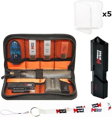MemoryMarket Nylon Fabric Storage Holder / Wallet / Carrying Case / Bag / Organizer for USB Flash Drives/Thumb/Pen Drives/Jump Drives and Cables with 5 SD Cases, Lanyard &amp; USB 3.0 Memory Card Reader