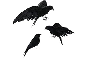 Yistao Halloween Crow, 3 Pack Black Crows with Real Feathers Realistic Handmade Fly and Stand Crows and Ravens Decor for Halloween Decorations Outdoor Indoor