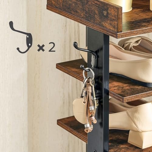 HOOBRO Vertical Shoe Racks for Entryway, 7 Tier Narrow Shoe Shelf with Hooks, Tall Shoe Organizer for Hallway, Bedroom, Stackable Shoe Stand for Samll Space, Adjustable Height, Rustic Brown EBF61XJ01