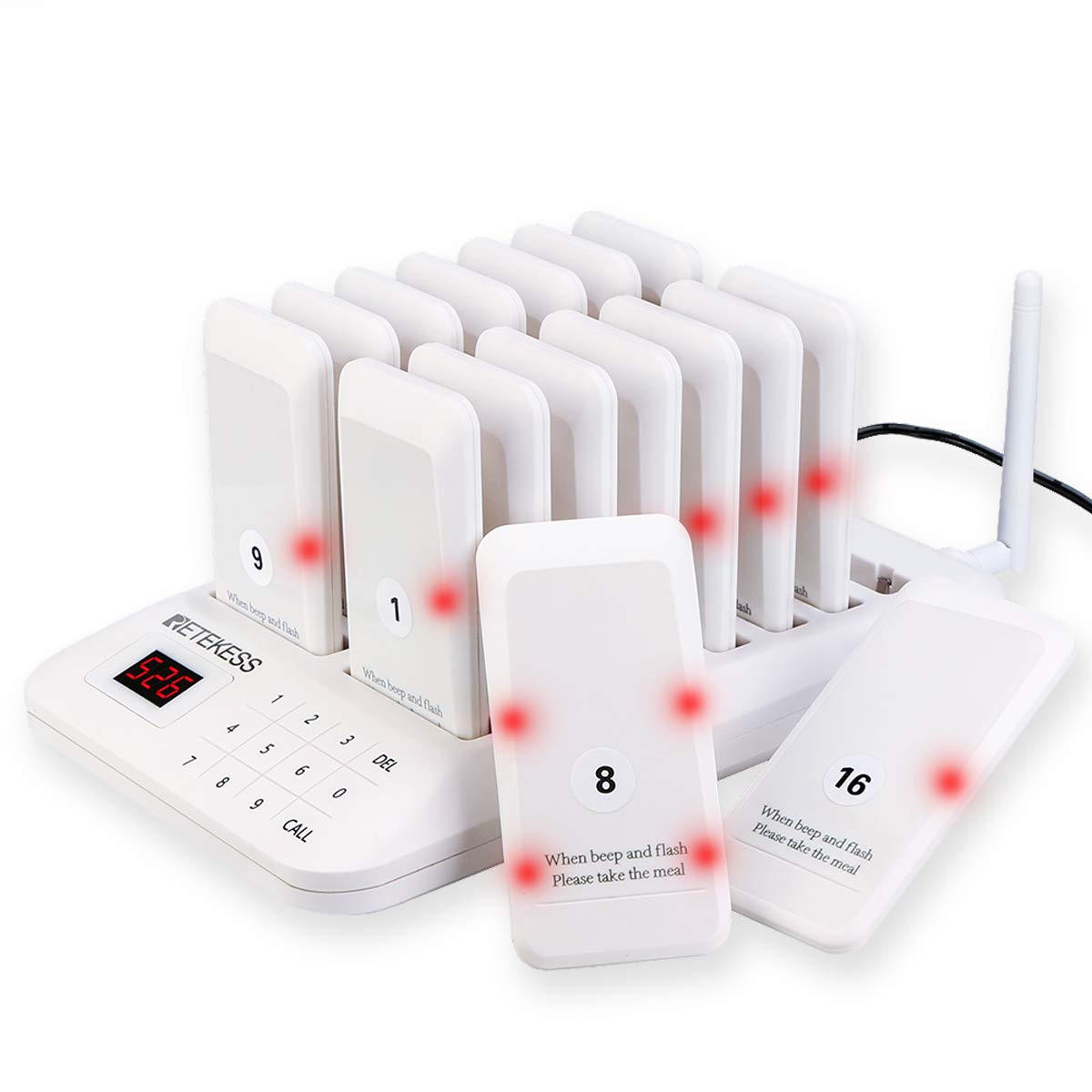Retekess TD157 Restaurant Pager System, 500M Restaurant Buzzer, Out of The Box, 300 mAh 24H, 998 Channels, Food Buzzer System for Hotels, Food Truck, Bar, Cafe (16 Pagers) (UK Plug)
