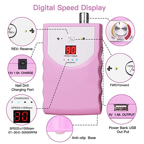 Nail Drill for Acrylic Nails 30000rpm - Ejiubas Electric Nail Drill Professional Nail Drill Machine Rechargeable Electric Efile for Gel Nails Manicure Pedicure Polishing Cuticle Salon or Home Use
