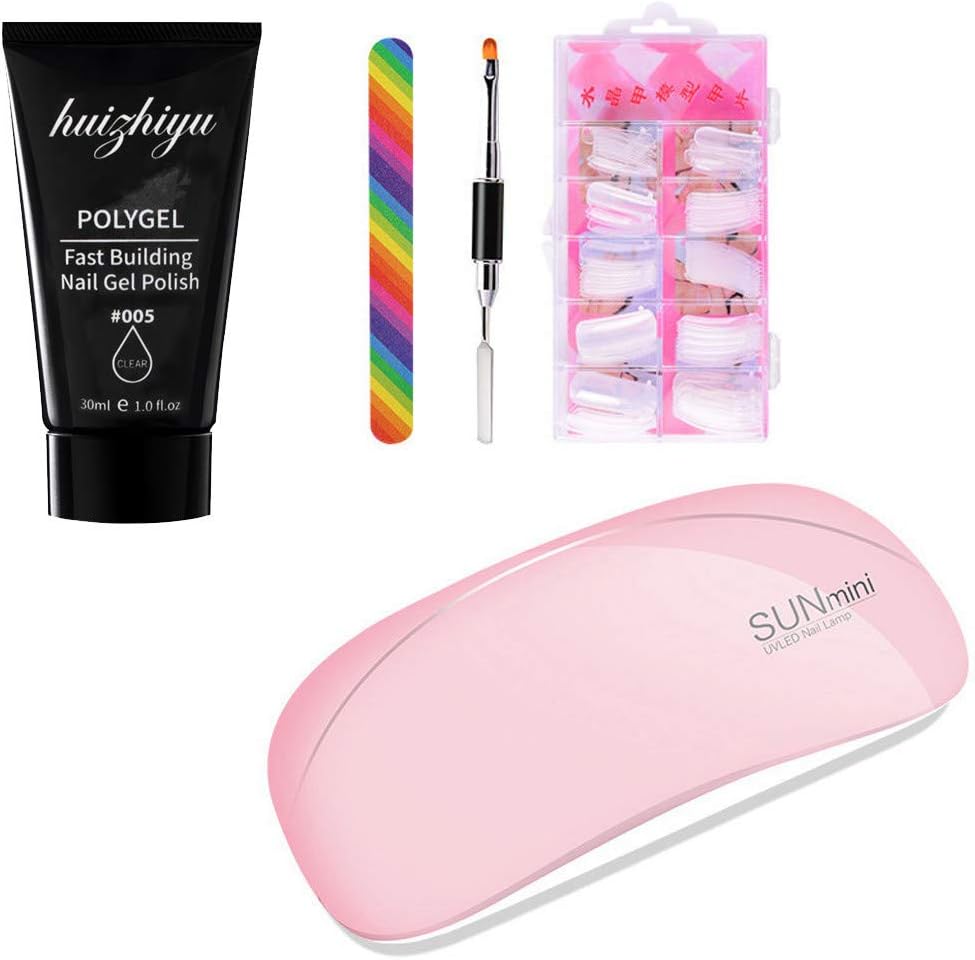 5 pcs Acrylic Nail Liquid Kit, USB Nail Lamp+ Poly Gel False Nails Liquid Double-end Nail Pusher Set Quick Building Nail Extend Acrylic Poly Gel for Girlfriend Wife Mom Wome Girl (F)
