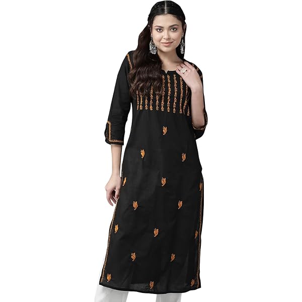 Ada Hand Embroidered Chikankari Cotton Kurta For Women - Black Straight Cut Tunic (Length 46") - View #7