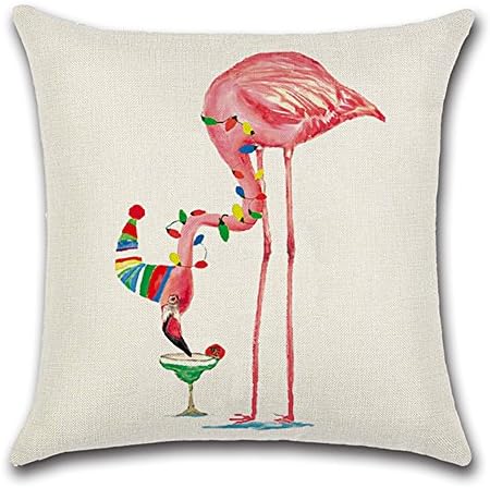 HaiHui Decorative Cotton Linen Throw Pillow Cover Cushion Case Pink Watercolor Flamingo Car Waist Cushion