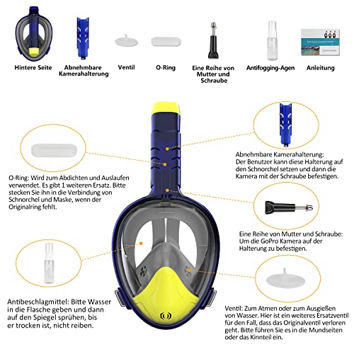 Tauchmaske Schnorchelmaske Vollmaske 180 Anti-Fog-Sichtfeld Vollgesichts Schnorchelmaske für Erwachsene, mit Panoramadesign Anti-Leck Vollgesichtsmaske zum Schnorcheln Kompatibel mit der Kamera -L/XL