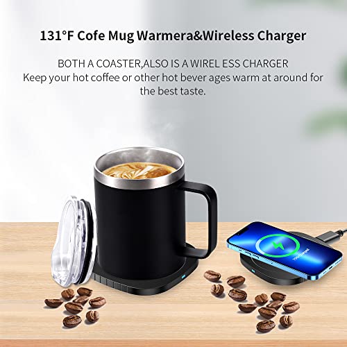 Smart Heated Coffee Mug for Office/Travel/Home, Coffee Mug Warmer with Wireless Charging, Constant Temperature, Double Vacuum Insulation, Gift for Winter & Coffee Drinker (Black)