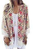 Relipop Womens Sheer Chiffon Blouse Loose Tops Kimono Floral Print Cardigan,Beige,Small