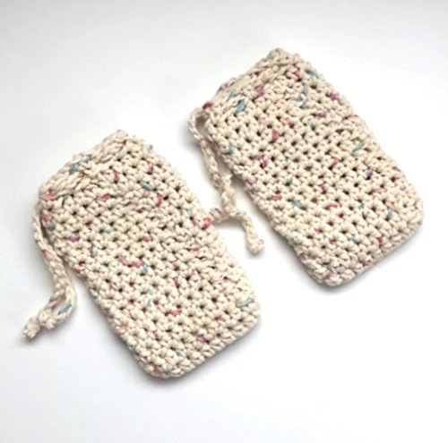 Set of 2 Handmade Crochet Cotton Soap Saver Bags Beige Drawstring Pouch Washcloth