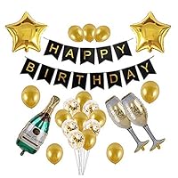 Happy Birthday Letter Party Balloons Banner, Gold Decoration Party Supplies Champagne Bottle Goblet Big Foil Mylar Foil Balloons Thick Latex Balloons Gold Confetti for Party Decoration