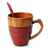 Coffee Mug with Handle, 11 OZ Insulated Novelty Cool Coffee/Tea Cup with Spoon for Wood Eco-friendly Gifts. (1,RED)